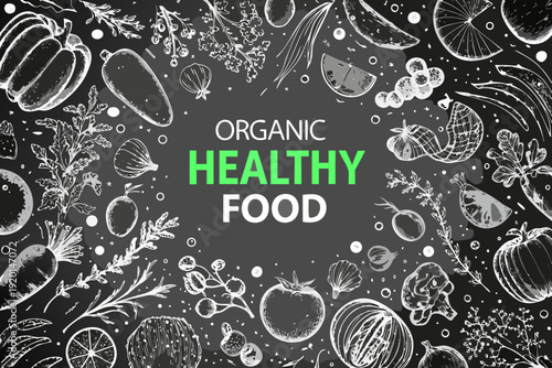 Vintage style illustration of organic healthy food sketches on black