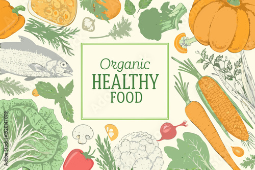 A vibrant illustration showcasing organic and healthy food items