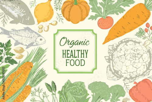 A vibrant illustration showcasing a variety of fresh organic produce and fish