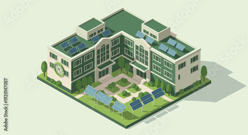 Isometric illustration of a building equipped with solar panels. Ideal for depicting sustainable energy, green initiatives, and architectural design in educational or promotional materials.