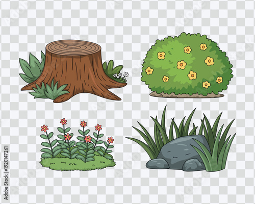 Nature Elements: Tree Stump, Bushes, Flowers, and Rocks Icons