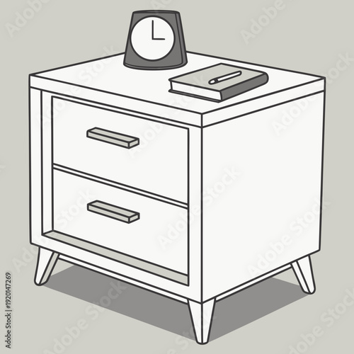 Minimalist Bedside Table with Alarm Clock and Notebook, Modern Bedroom Furniture Outline Vector Illustration for Home Interior Design.