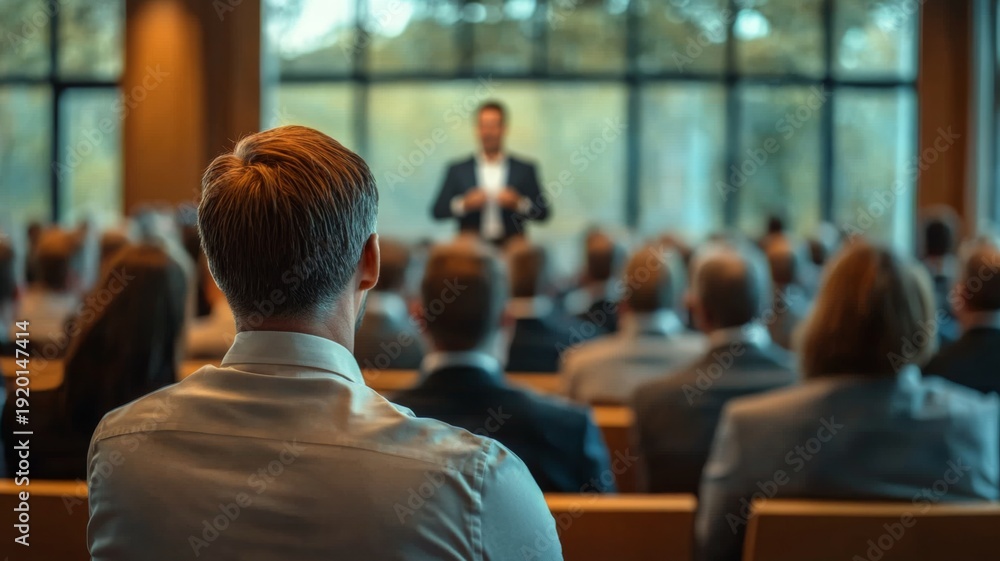 Obraz premium Man in a light shirt faces away from the camera, looking towards a speaker at a business conference.