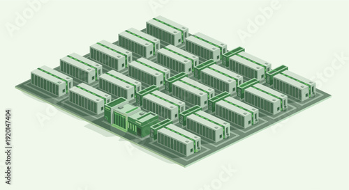 Isometric illustration of a modern data center, showcasing server racks and interconnectivity. Perfect for illustrating cloud computing, cybersecurity, and digital infrastructure concepts.