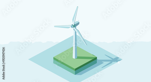 Clean, minimalist illustration of an isometric wind turbine on a green square. Use for concepts of green energy, sustainability, renewable power, or environmental topics.