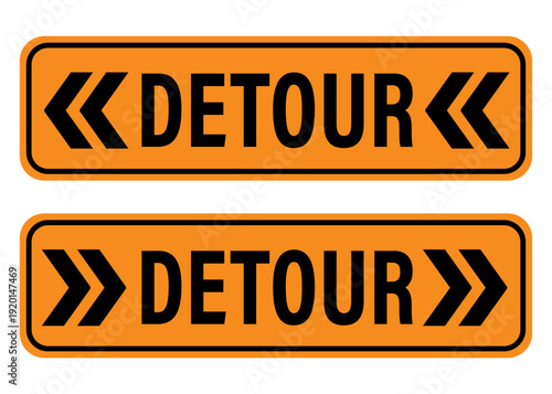 Two detour signs with  arrows on both sides of the word Detour. The first one pointing left and the other right. Orange background.