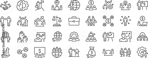Business People icons. Team, business people, human resources, collaboration, research, meeting, partnership, support, businessman. Collection. Editable stroke. Vector
