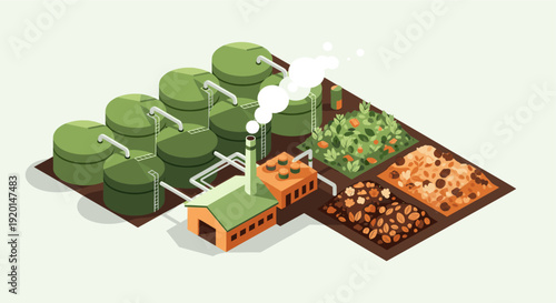 Isometric illustration of a biofuel factory processing crops into biodiesel, featuring green tanks, a building with a chimney, and cultivated fields. Use for eco-friendly energy concepts.