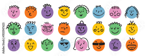funny comic faces round abstract various emotions set. crayon drawing different colorful characters. cartoon flat design.