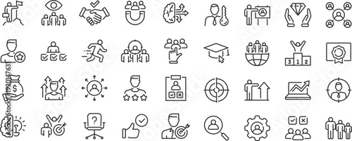 Headhunting web icons. Recruitment, career, resume, work group, candidate, job hiring, collection. Editable stroke. Vector