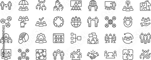 Teamwork icons in line style. Team, business people, human resources, collaboration, research, meeting, partnership, support, businessman. Editable stroke. Vector