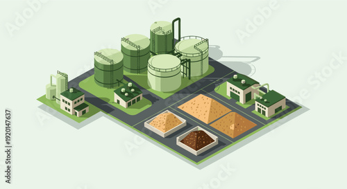 Isometric illustration of an industrial complex with storage tanks, buildings, and piles of material. Ideal for infographics, presentations, or web design related to industry.