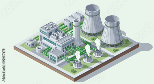 An isometric illustration of a nuclear power plant, showcasing cooling towers, reactor buildings, and pipes. Represents clean energy, technology, infrastructure, and industrial processes.