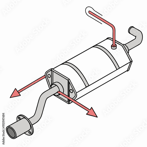 Isometric Car Exhaust System and Muffler Illustration with Red Arrows Showing Gas Flow and Emission Process