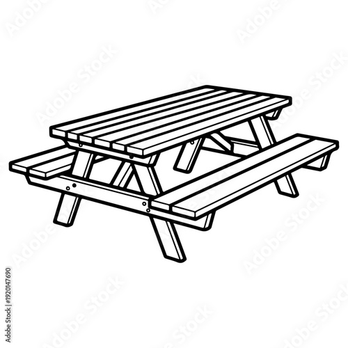 Classic outdoor picnic table with attached benches in a three dimensional perspective drawing using clean black and white line art vector illustration for park garden and recreational designs.