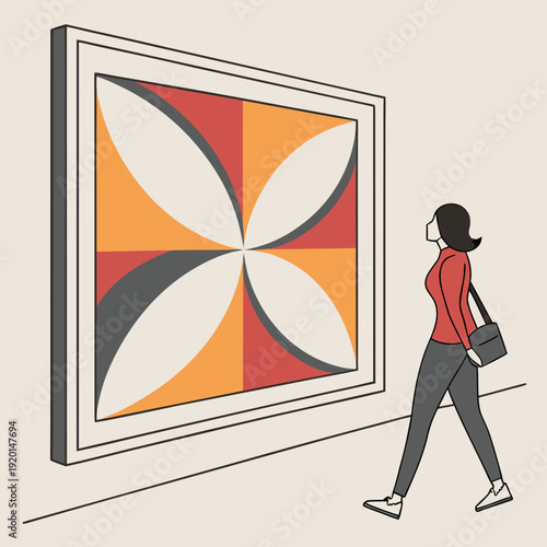 Woman in a Modern Art Gallery Appreciating Abstract Geometric Painting with Warm Colors and Clean Lines