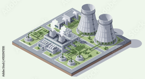 Isometric illustration of a nuclear power plant, featuring cooling towers, buildings, pipes, and green spaces, atop a platform. Great for presentations, educational material, etc.