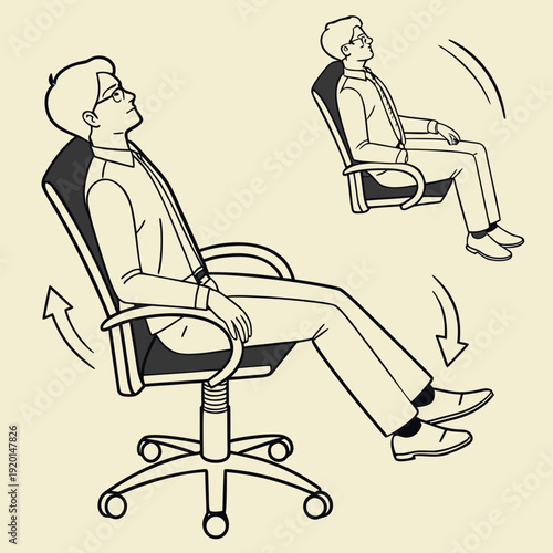 Businessman Demonstrating Ergonomic Office Chair Recline Positions with Movement Arrows for Comfort and Posture