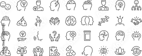 Mental health web icons. Depression, psychotherapy, psychological, bipolar, negative thinking, obsession, collection. Editable stroke. Vector