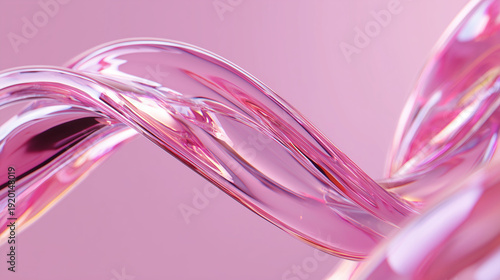 Abstract 3D render of translucent pink glass ribbons intertwined in a fluid motion, elegant flowing crystal texture on soft pink background for aesthetic design