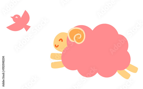 笑顔でジャンプするピンクの羊と小鳥の可愛いイラスト。ポップな動物キャラクター。2027年未年素材