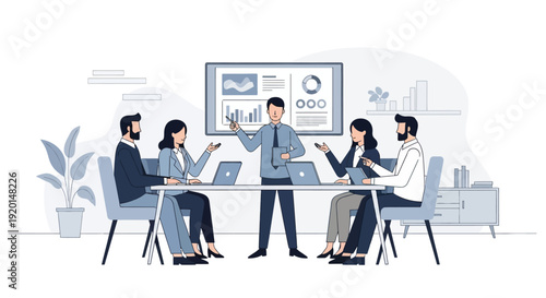 Business meeting with team presenting data on screen.