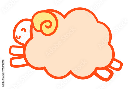 笑顔でジャンプする可愛いひつじの朱色の主線ありベクターイラスト。ポップでシンプルな動物キャラクター。