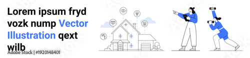 Two characters examining smart home functionalities. House surrounded by tech-related icons. Ideal for smart home tech, innovation, exploration, future living, IoT systems, technology education