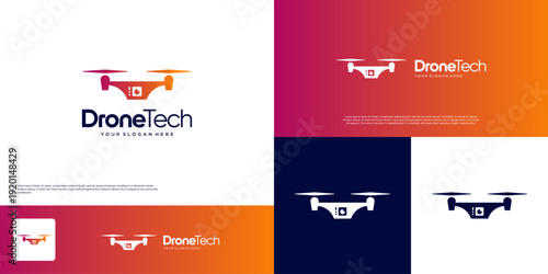 minimalist flying camera logo, drone symbol of smart technology, remote control, vector design template.