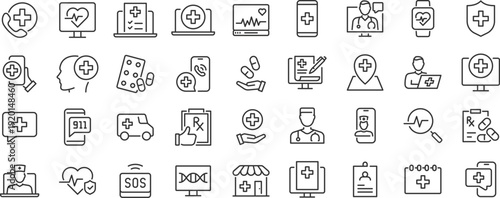 Digital Healthcare web icon set. Online consultation, medical app, results, doctor appointment, health, lifestyle, collection. Editable stroke. Vector