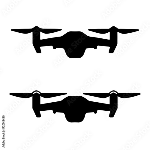 Drone and quadcopter silhouette icon set featuring two black remote controlled aerial vehicle designs for technology, delivery services, and modern photography branding concepts.