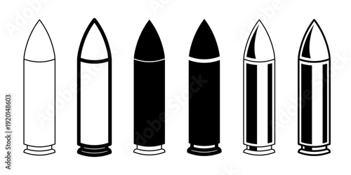 Bullet and ammunition icon set featuring various firearm cartridge designs in solid black silhouette and thin line art styles for hunting, military, and ballistics equipment branding concepts.