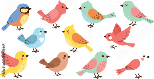 Cute colorful birds collection cartoon style hand drawn vector illustration set for kids design