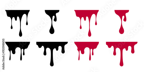 Liquid drip icon set featuring various flowing drop silhouettes in solid black and blood red styles for paint splatter, melting effects, and horror or creative design concepts.gr