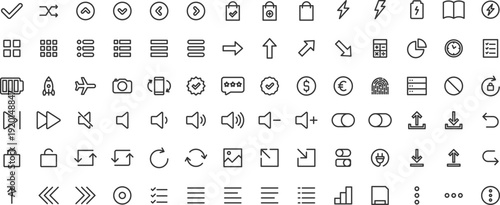User Interface ui, ux web icons in line style. User, profile, message, mobile app, document file, social media, button, home, chat, arrow, collection. Vector
