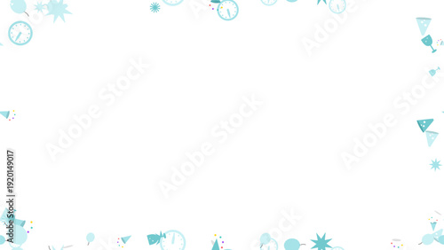 New Year celebration frame with festive elements like clocks, confetti, and party hats