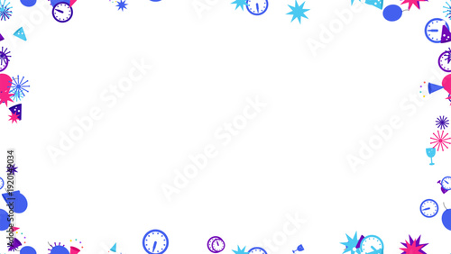 New Year's Eve party celebration frame with festive clocks, confetti, and party hats
