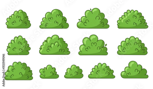 Flat cartoon hand-drawn green bush vector set isolated on white background for children, game, and infographic design