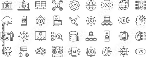 Digital Transformation web icons. Ai, innovation, technology, internet, digitalization, software, automation. Editable stroke. Vector