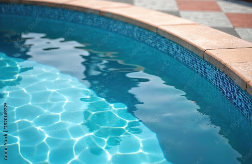 Obraz premium Clear blue water fills a round outdoor swimming pool with mosaic tile edge. Sunlight creates bright patterns on the pool bottom. The edge has stone tiles and a paved area.