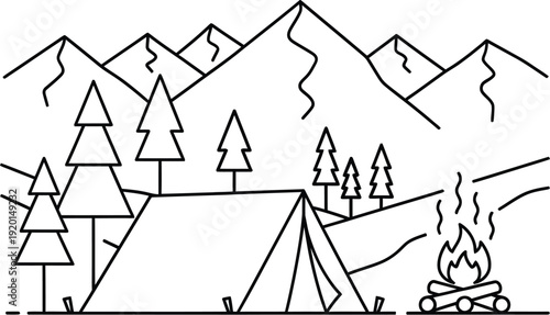 Minimalist line art illustration depicts a serene outdoor camping scene featuring a tent pine trees and a crackling campfire beneath rugged mountain peaks