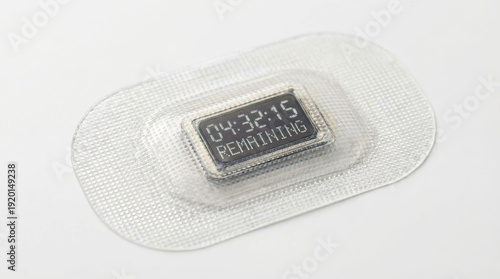 Innovative medical wearable patch featuring a digital display for time tracking. Ideal for medication schedules, treatment duration monitoring, and high-tech healthcare solutions.