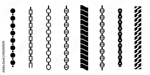 Industrial chain link and machine belt icon set featuring various metal link designs, jewelry chains, bicycle rollers, and ribbed drive belts for engineering and manufacturing concepts.