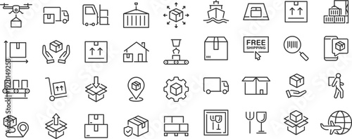 Delivery and logistics web icons. Courier, shipping, express delivery, warehouse, truck, scooter, container, tracking order, support, business. Editable stroke. Vector