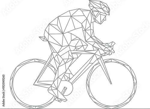 Stylized low poly geometric black and white line art illustration depicting a focused cyclist actively riding a racing bicycle in competitive motion