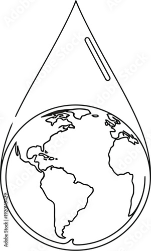 Simple black and white line art icon representing the world held safely within a single precious drop of water symbolizing global conservation efforts