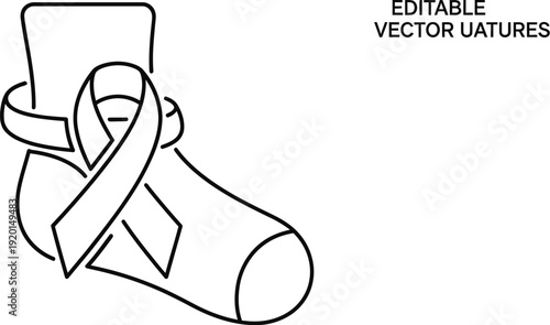 Minimalist line art icon depicting a single sock wrapped with a prominent awareness ribbon symbolizing health support or specific disease campaigns.