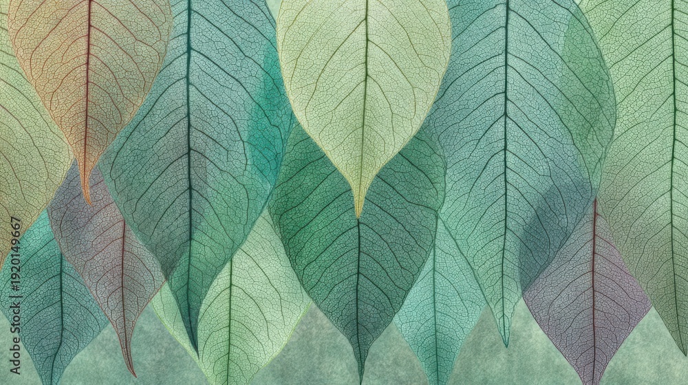 Obraz premium Overlapping Translucent Leaves Create a Serene Abstract Green Botanical Pattern