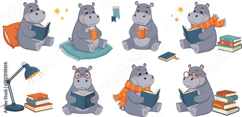 Cute hippo reader character set with books, tea and cozy poses