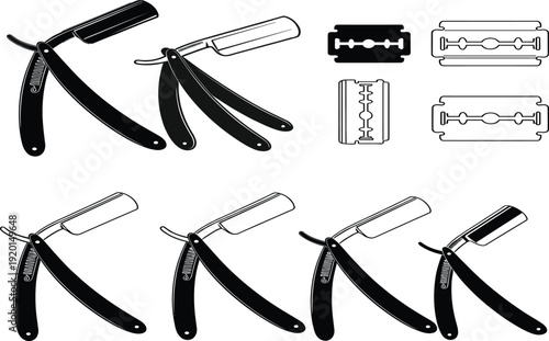 Collection of Black Straight Razor and Safety Razor Blades Silhouettes Featuring Classic Barber Shop Tools Open Closed Positions and Double Edge Blades Vector Illustration Pack